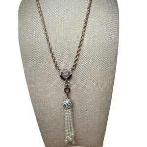 Carolee Gold Tone Faux Pearl Rhinestone Tassel Necklace Vintage Glam Statement